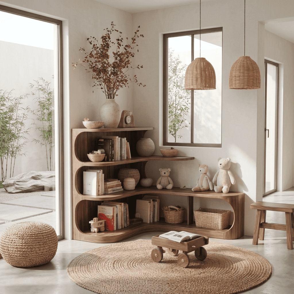 Biophilic Sculptural Solid Wood Curved Corner Bookshelf