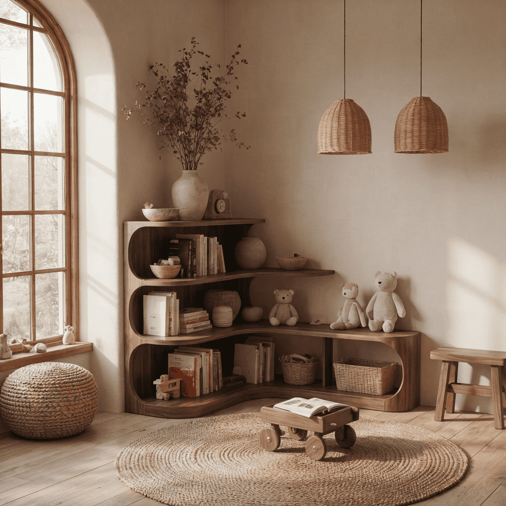 Biophilic Sculptural Solid Wood Curved Corner Bookshelf