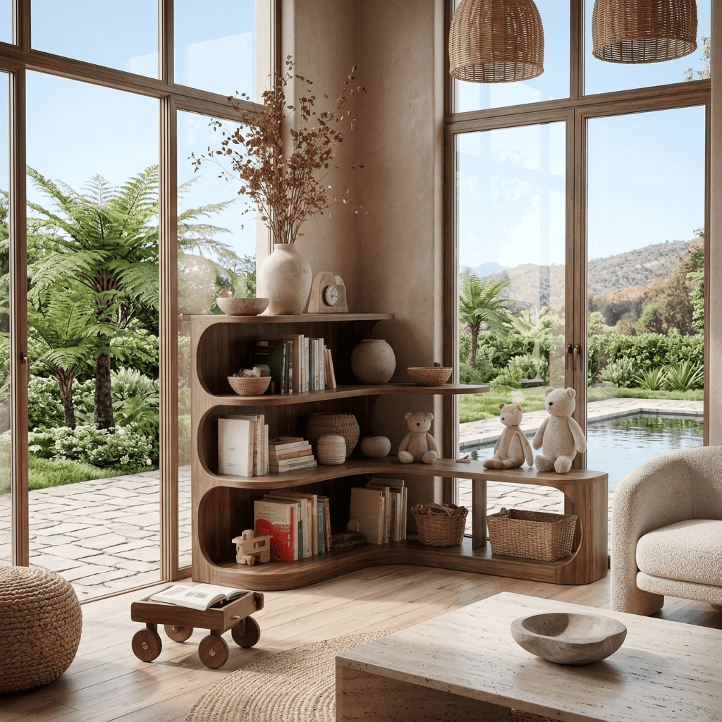 Biophilic Sculptural Solid Wood Curved Corner Bookshelf