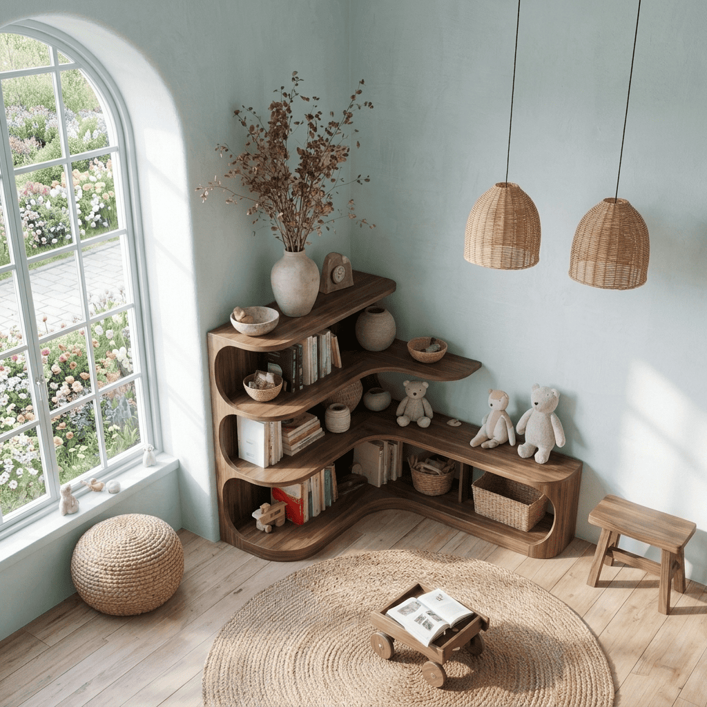 Biophilic Sculptural Solid Wood Curved Corner Bookshelf