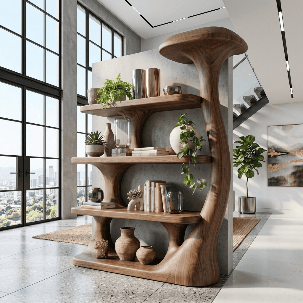 Biophilic Sculptural Solid Wood Mushroom Bookshelf