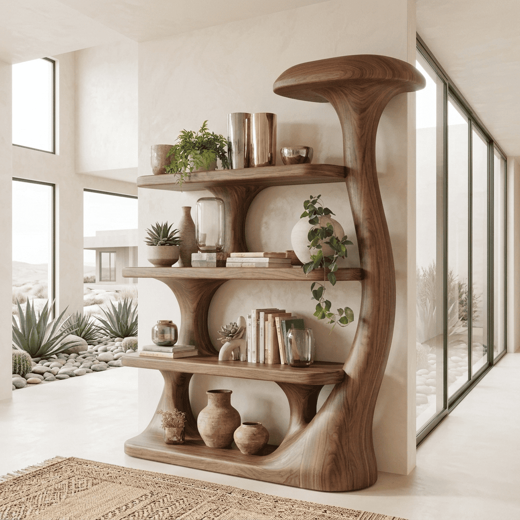 Biophilic Sculptural Solid Wood Mushroom Bookshelf