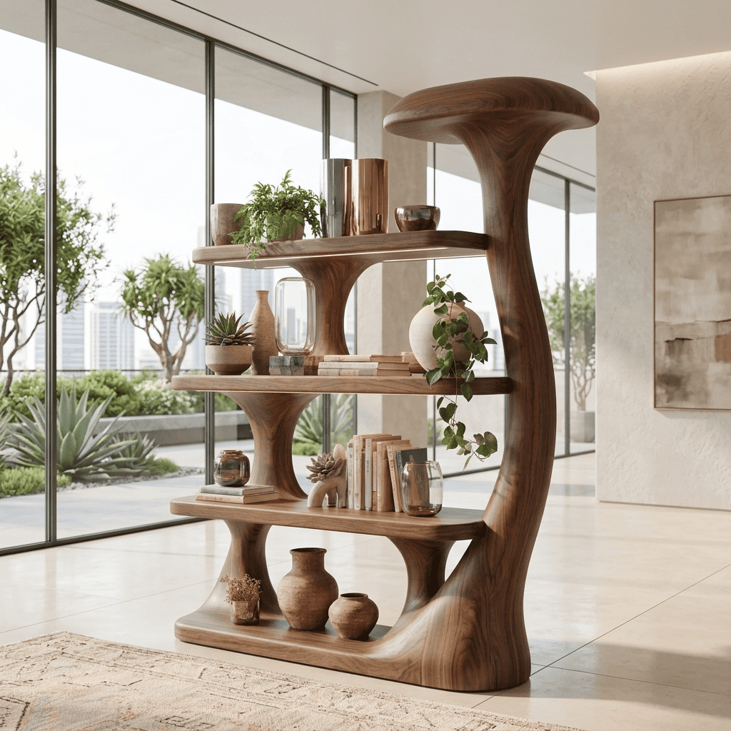Biophilic Sculptural Solid Wood Mushroom Bookshelf
