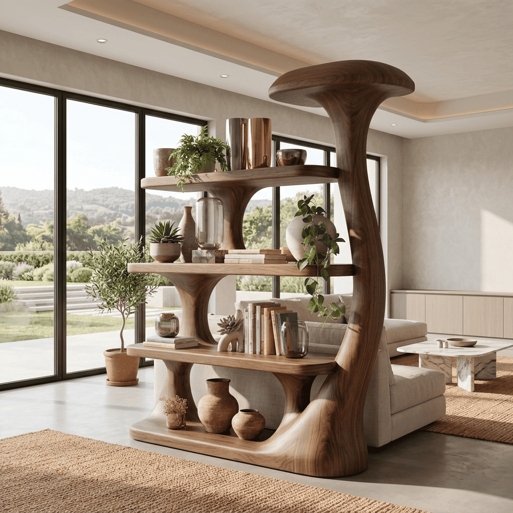 Biophilic Sculptural Solid Wood Mushroom Bookshelf