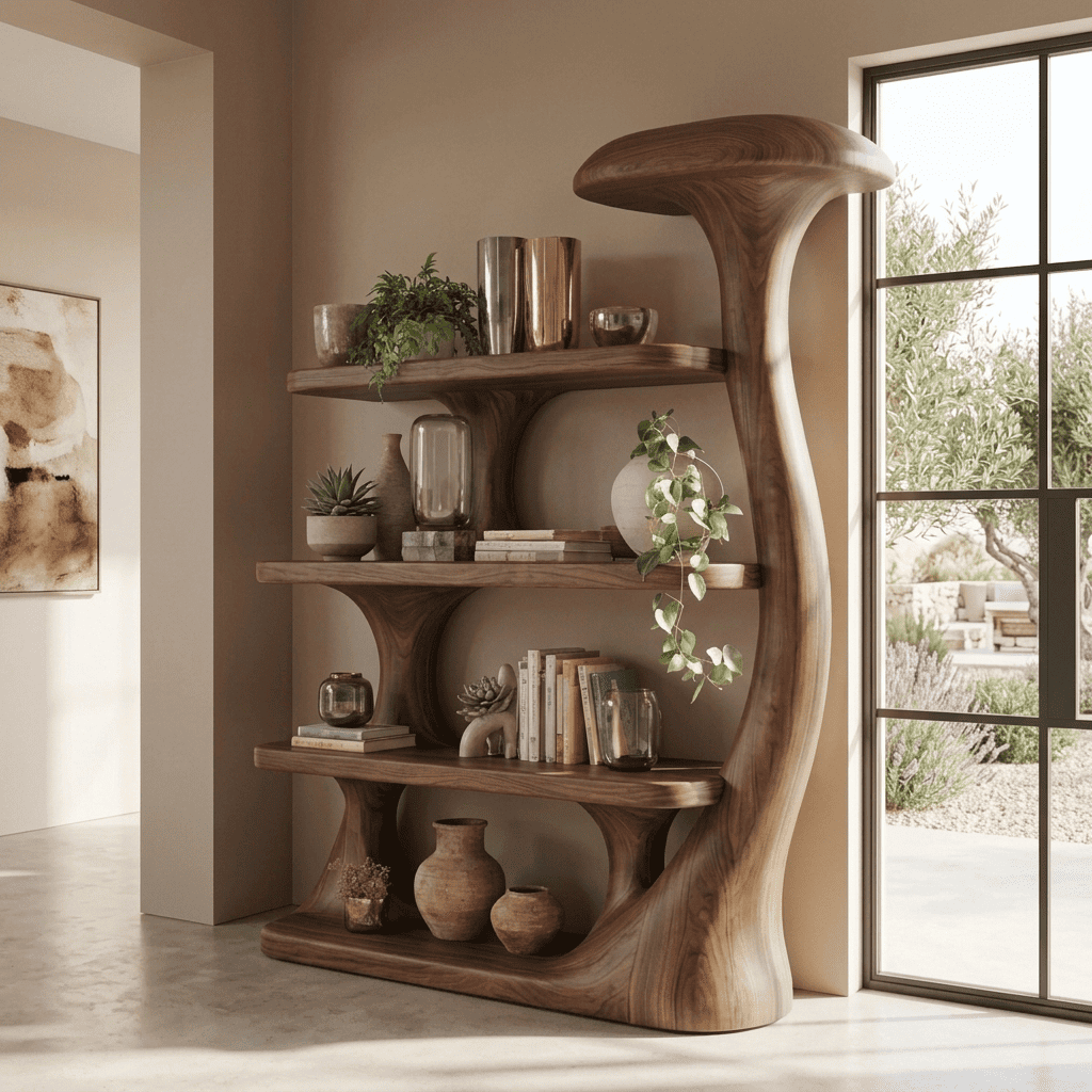 Biophilic Sculptural Solid Wood Mushroom Bookshelf