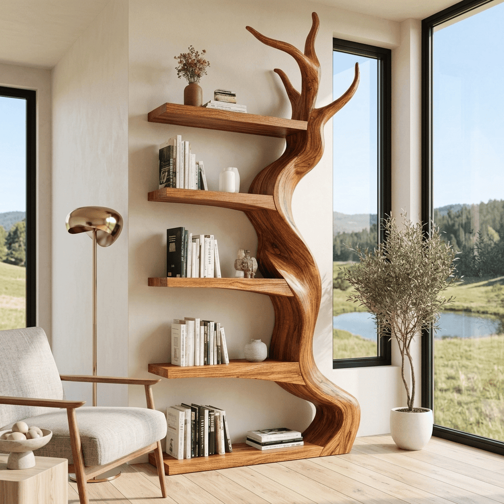 Biophilic Sculptural Solid Wood Tree Bookshelf