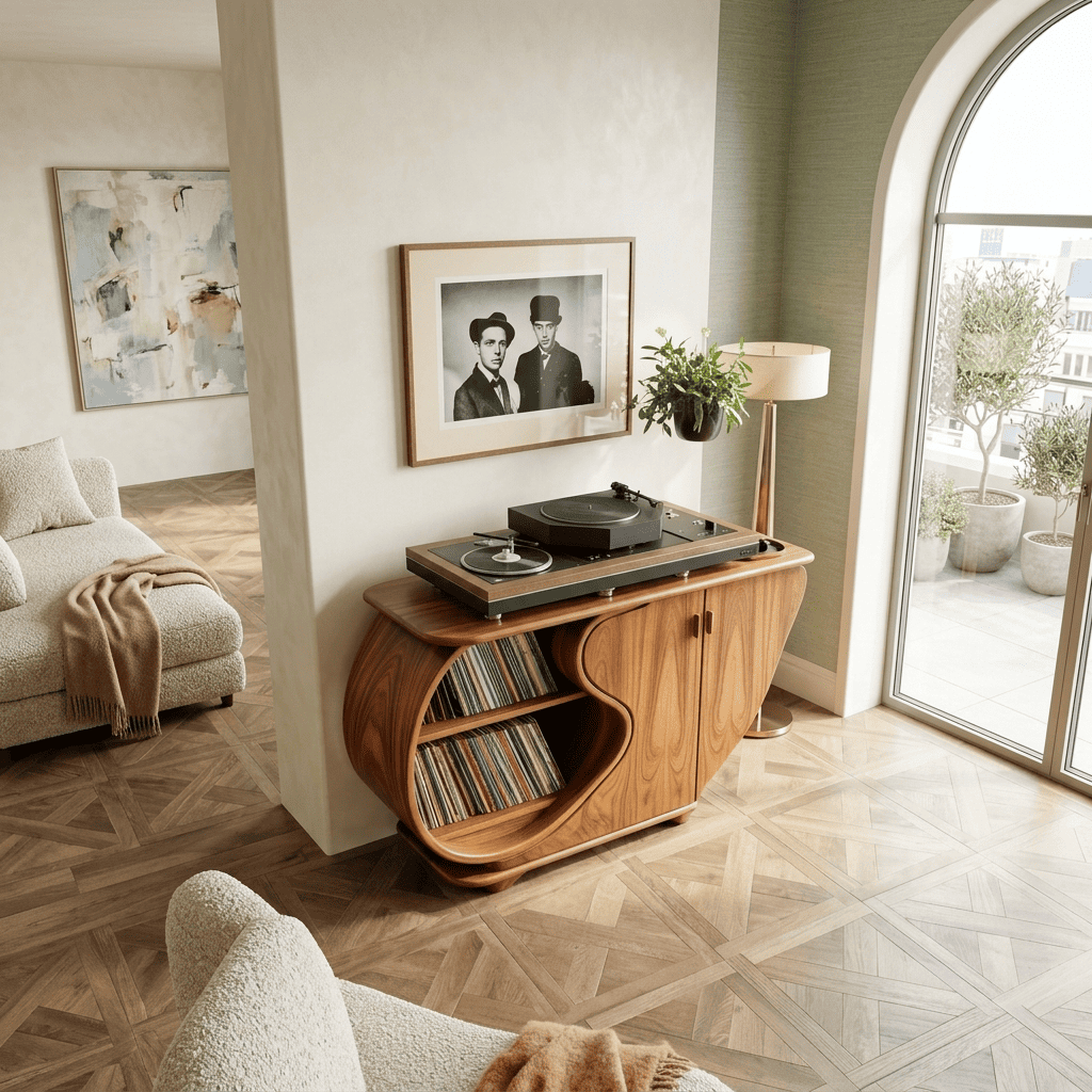 Biophilic Sculptural Solid Wood Vinyl Record Credenza