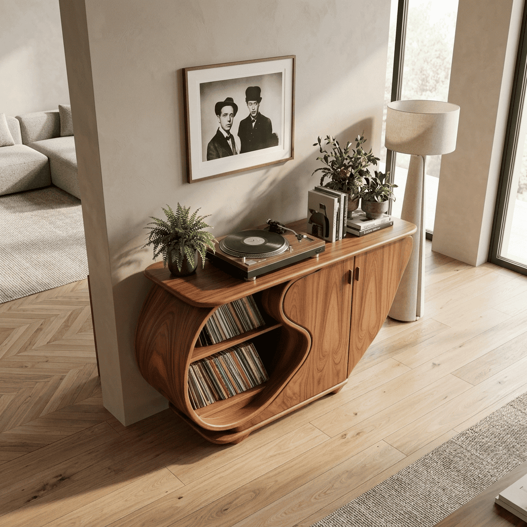 Biophilic Sculptural Solid Wood Vinyl Record Credenza