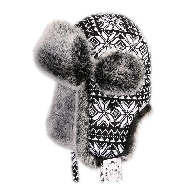 Black & White Christmas Winter Fur Trapper Bomber Hat