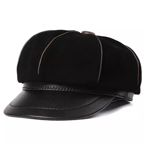 Bossier Black Genuine Leather Newsboy Cap