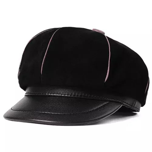 Bossier Black Genuine Leather Newsboy Cap