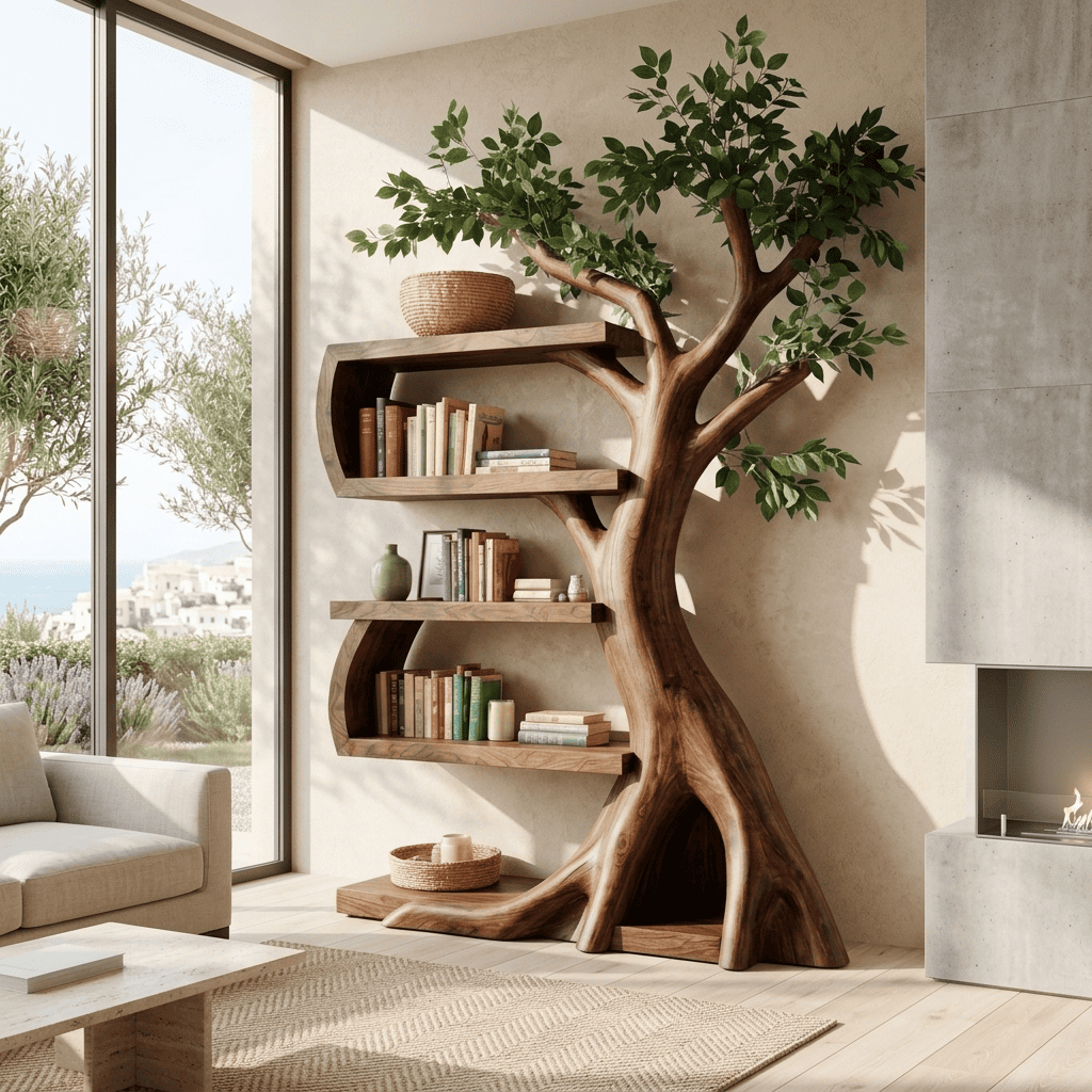 Botanical Branching Solid Wood Tree Bookshelf Sculptural Curved Storage Unit