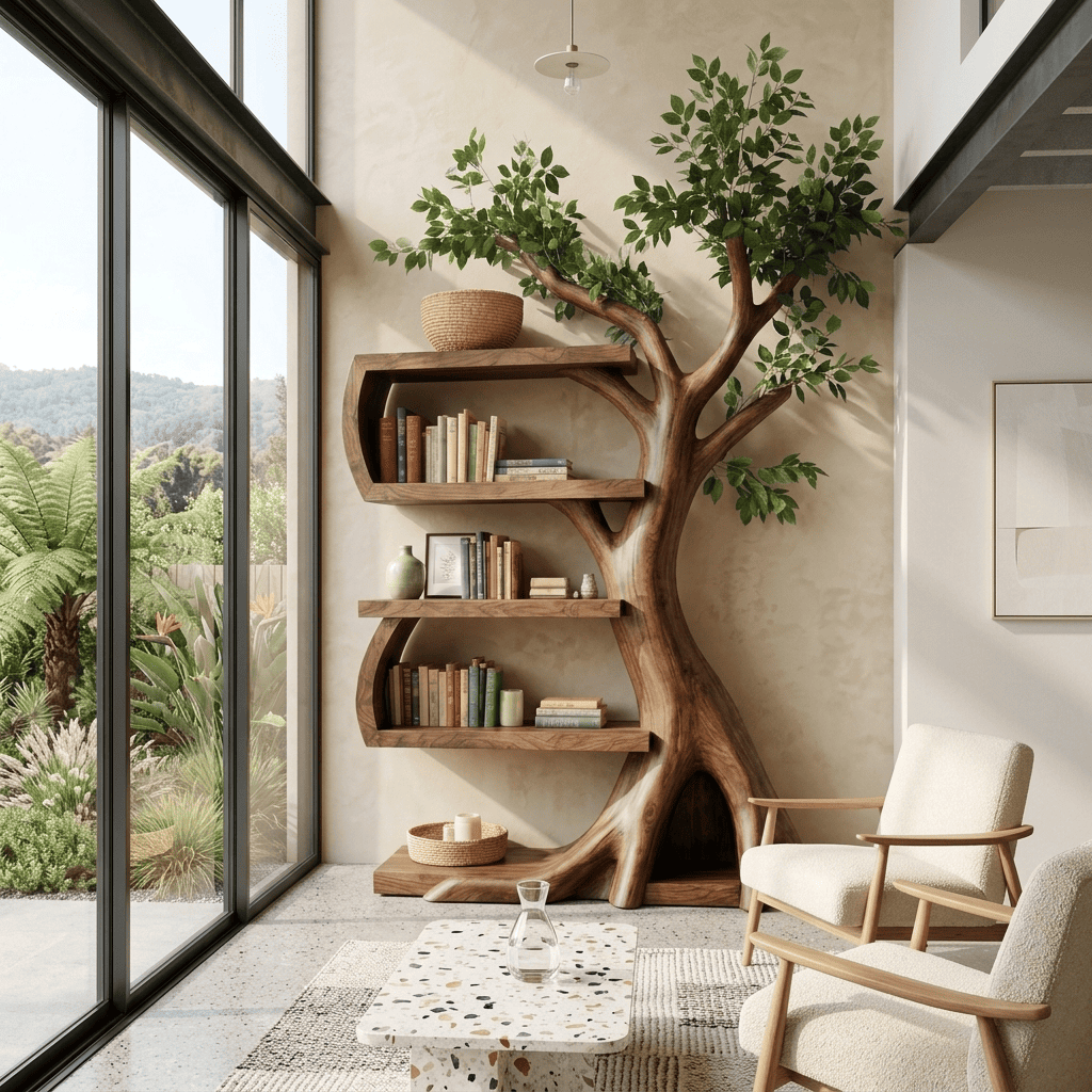 Botanical Branching Solid Wood Tree Bookshelf Sculptural Curved Storage Unit