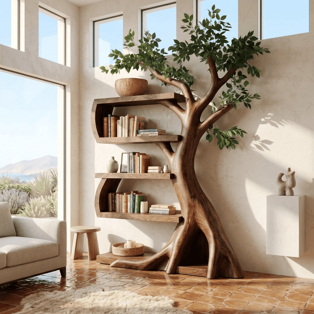 Botanical Branching Solid Wood Tree Bookshelf Sculptural Curved Storage Unit