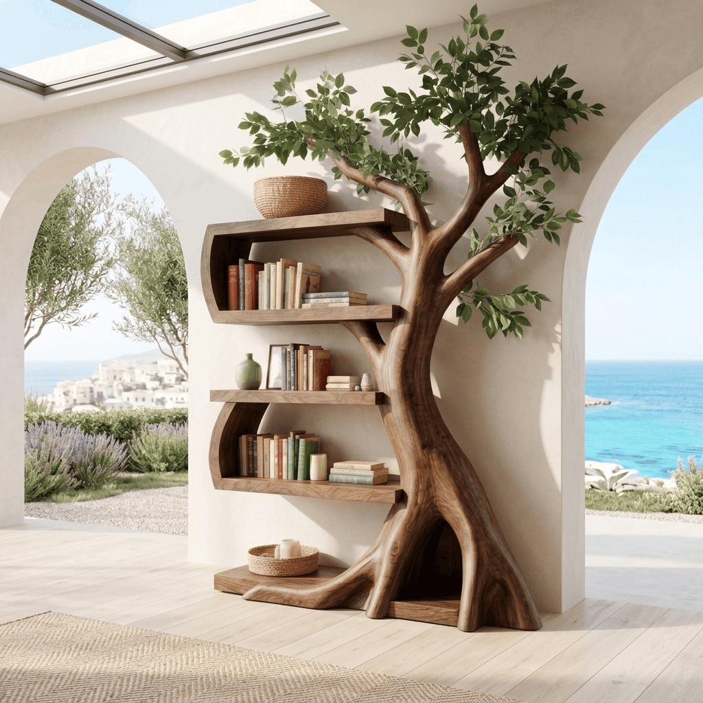 Botanical Branching Solid Wood Tree Bookshelf Sculptural Curved Storage Unit
