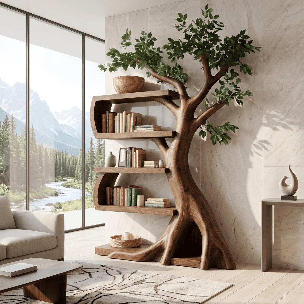 Botanical Branching Solid Wood Tree Bookshelf Sculptural Curved Storage Unit