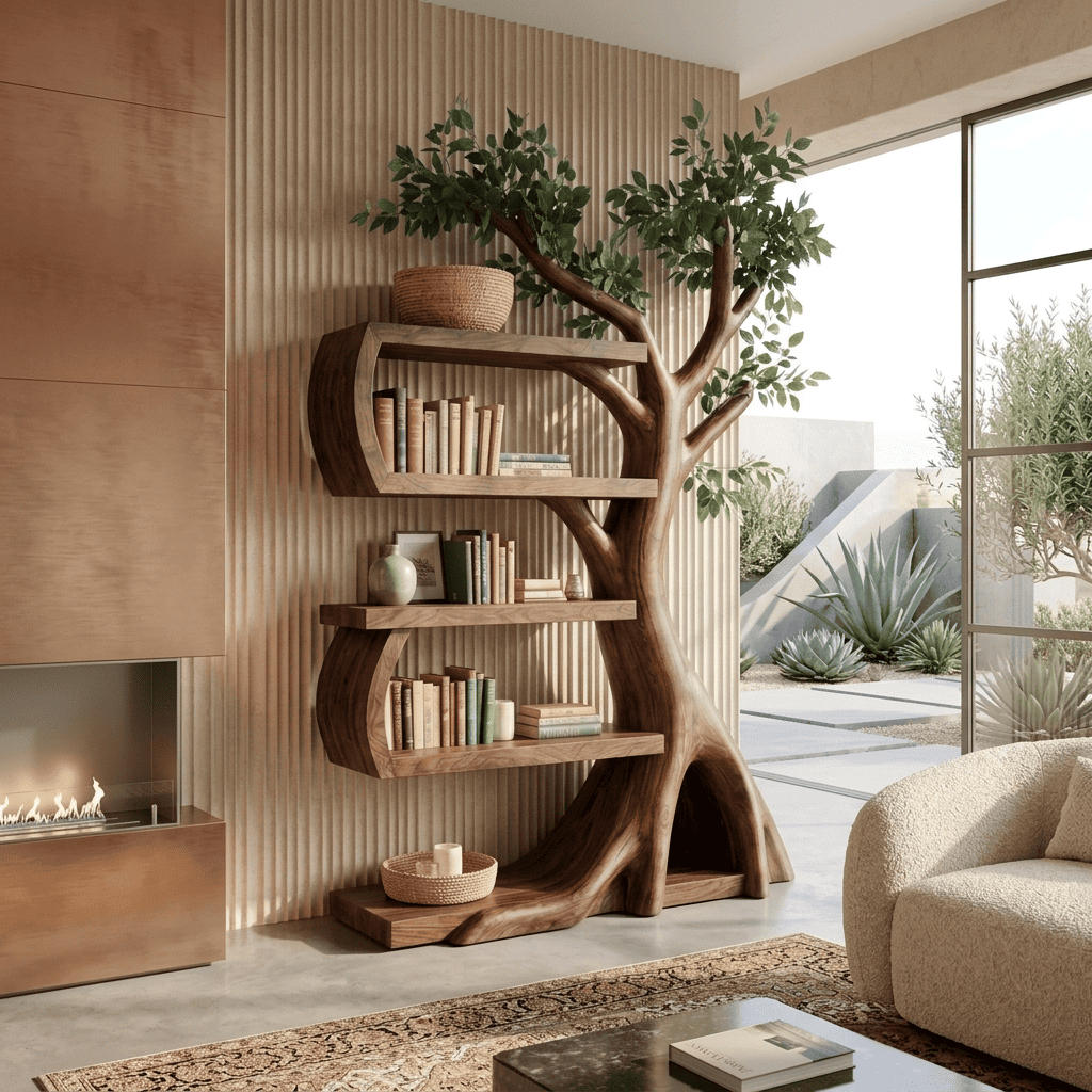 Botanical Branching Solid Wood Tree Bookshelf Sculptural Curved Storage Unit