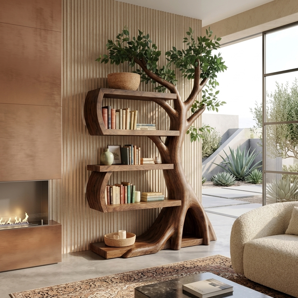 Botanical Branching Solid Wood Tree Bookshelf Sculptural Curved Storage Unit