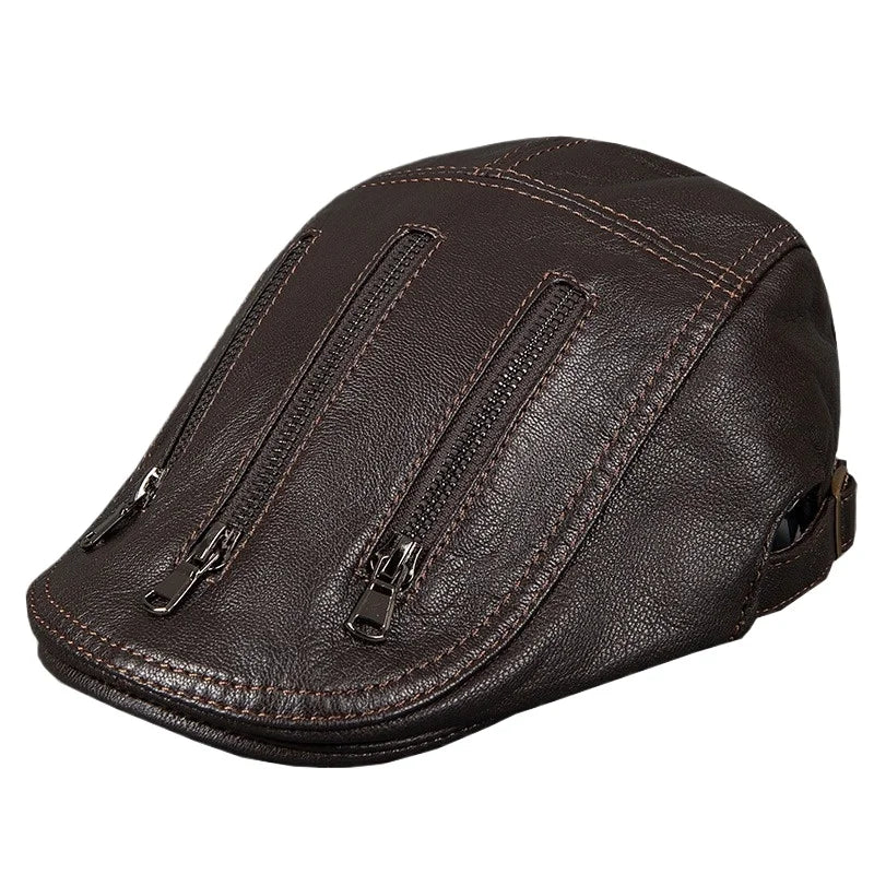 Cassavetes Zippers Genuine Leather Duckbill Flat Cap