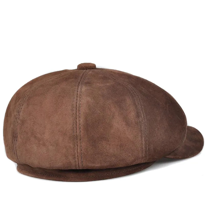 Coffee Genuine Suede Leather Newsboy Cap