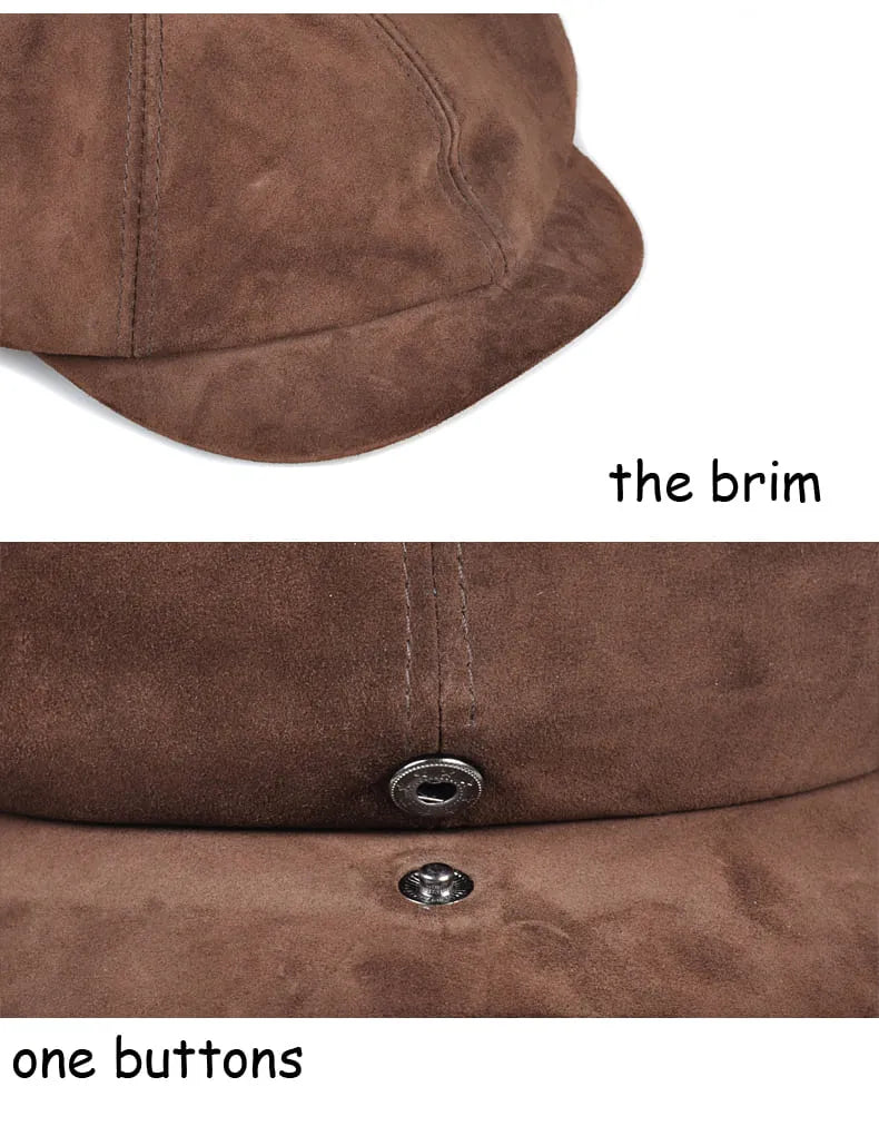 Coffee Genuine Suede Leather Newsboy Cap