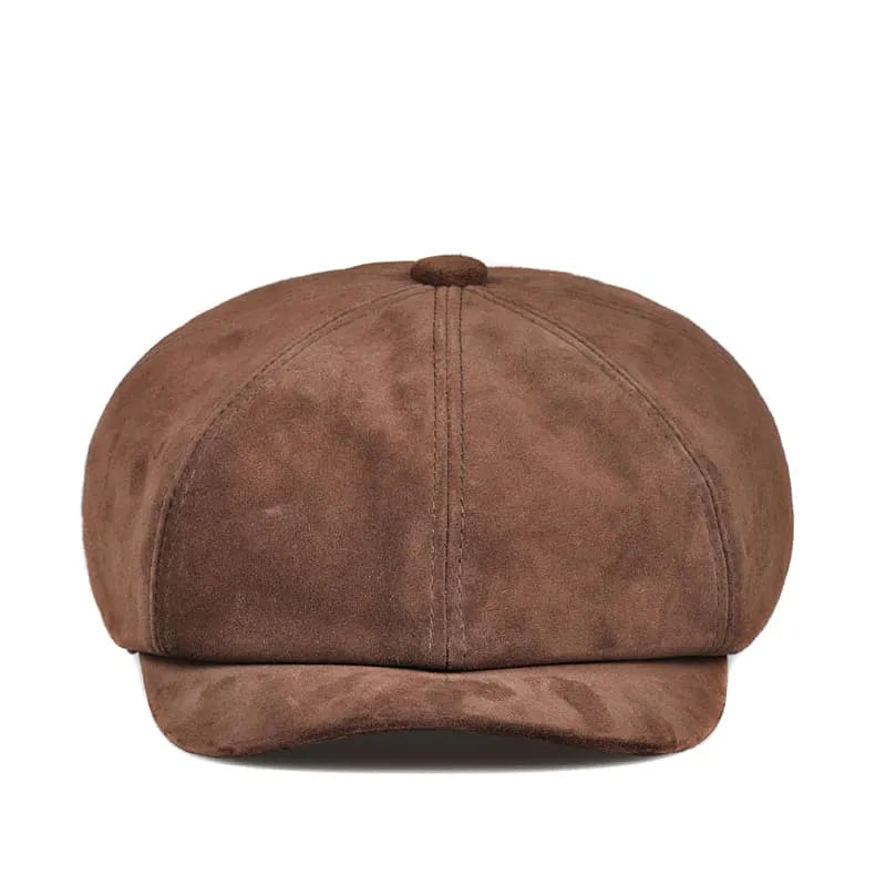 Coffee Genuine Suede Leather Newsboy Cap
