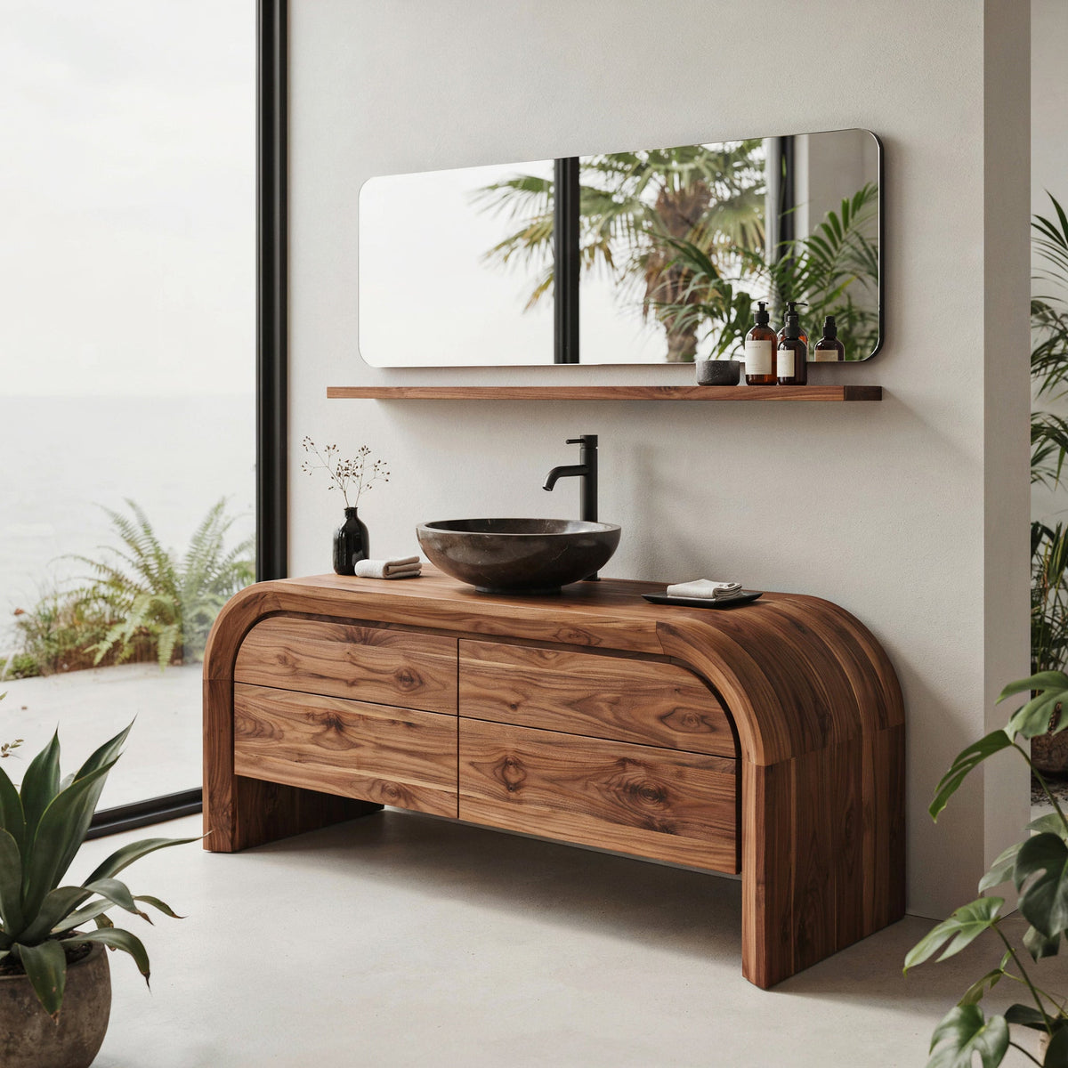 Curved Arch Solid Wood Bathroom Vanity Freestanding Four Drawer Washstand