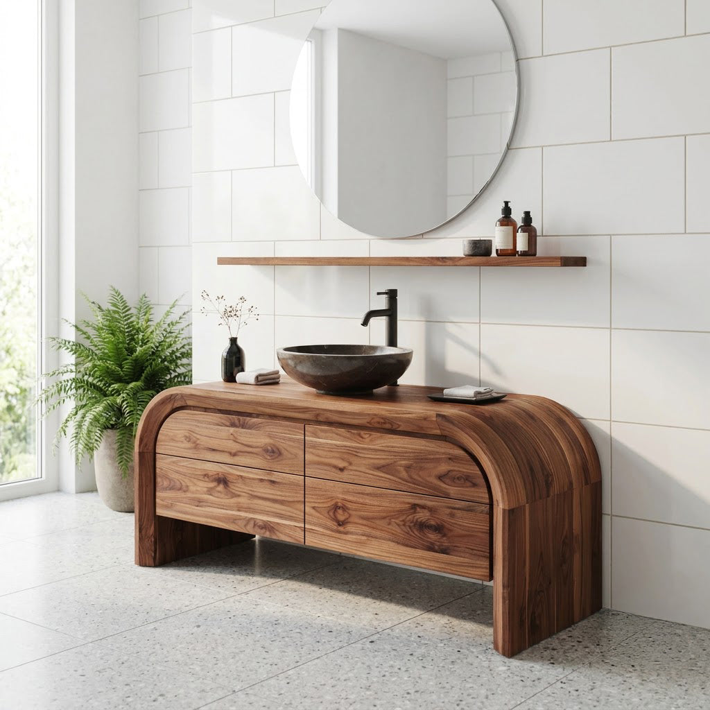 Curved Arch Solid Wood Bathroom Vanity Freestanding Four Drawer Washstand
