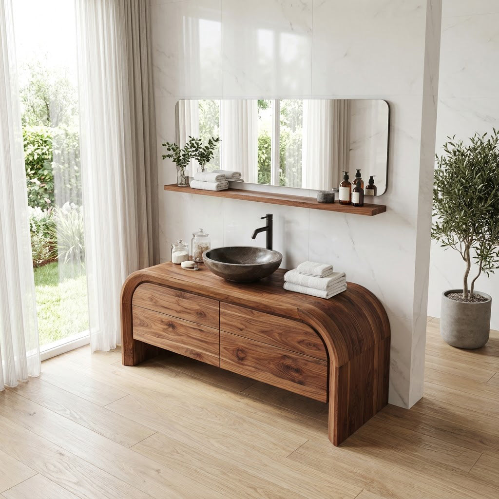 Curved Arch Solid Wood Bathroom Vanity Freestanding Four Drawer Washstand