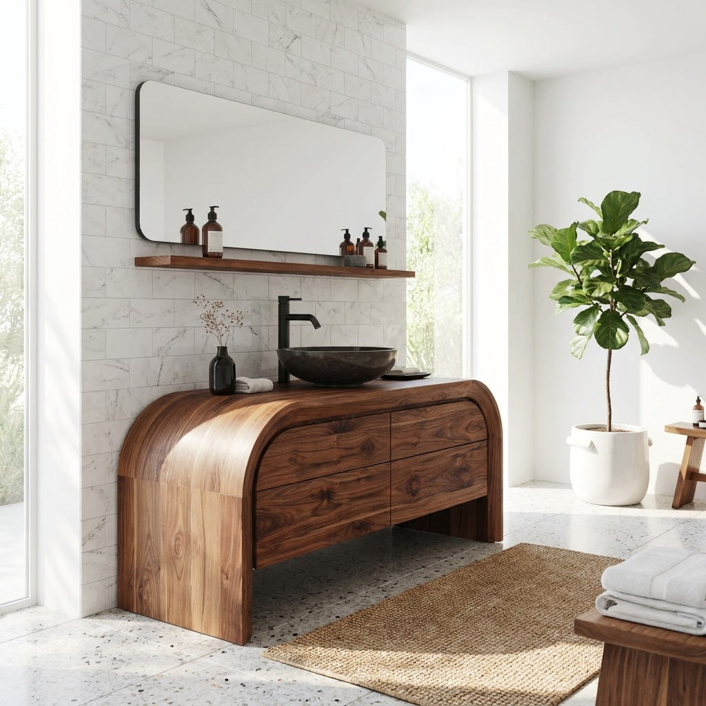 Curved Arch Solid Wood Bathroom Vanity Freestanding Four Drawer Washstand