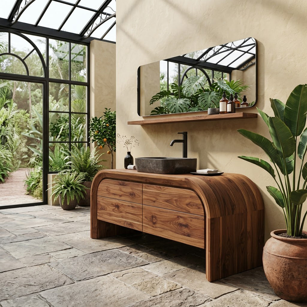 Curved Arch Solid Wood Bathroom Vanity Freestanding Four Drawer Washstand