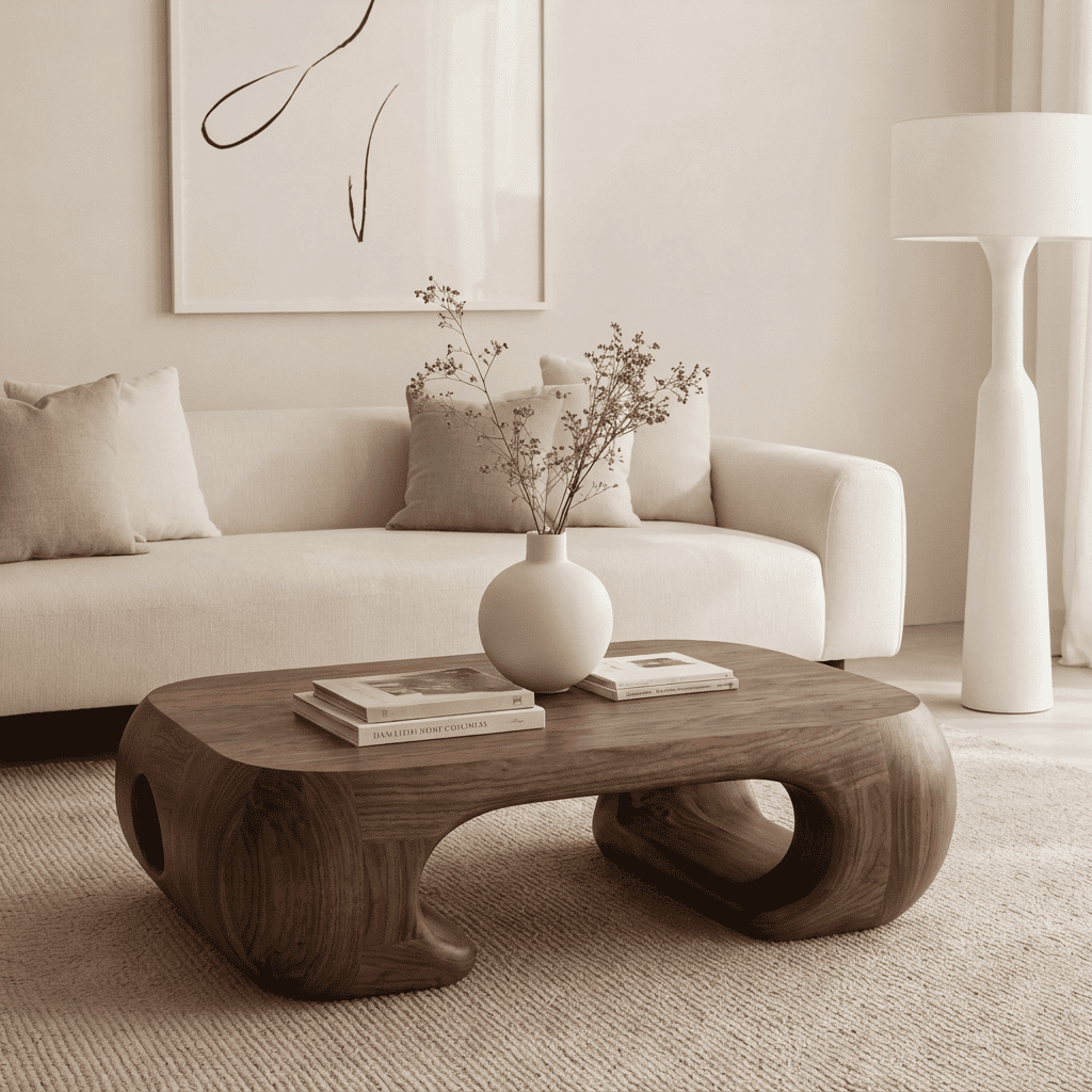 Curved Biomorphic Solid Wood Coffee Table Monolithic Organic Low Table