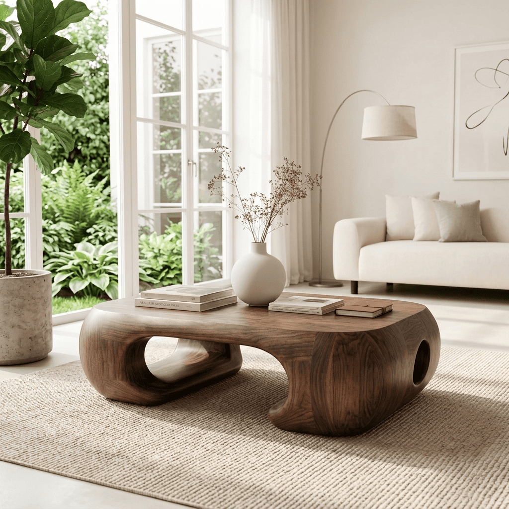 Curved Biomorphic Solid Wood Coffee Table Monolithic Organic Low Table