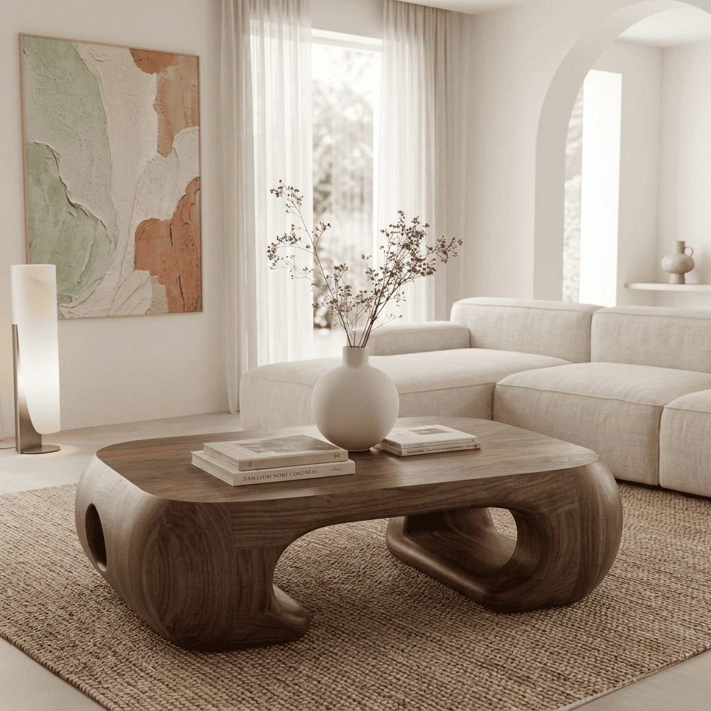 Curved Biomorphic Solid Wood Coffee Table Monolithic Organic Low Table
