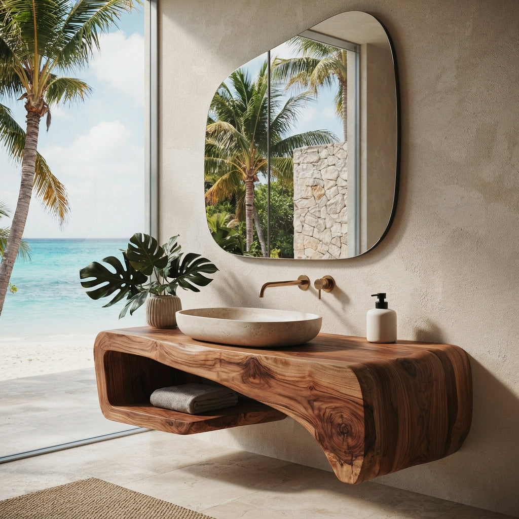 Curved Floating Solid Wood Bathroom Vanity Sculptural Wall Mounted Washstand