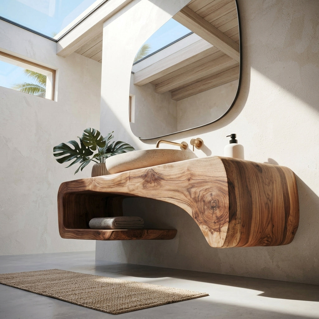 Curved Floating Solid Wood Bathroom Vanity Sculptural Wall Mounted Washstand