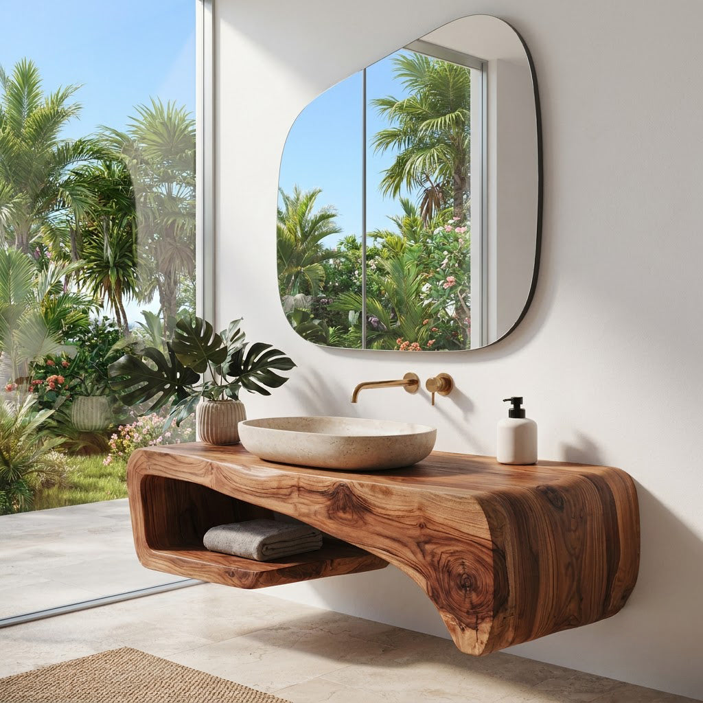 Curved Floating Solid Wood Bathroom Vanity Sculptural Wall Mounted Washstand