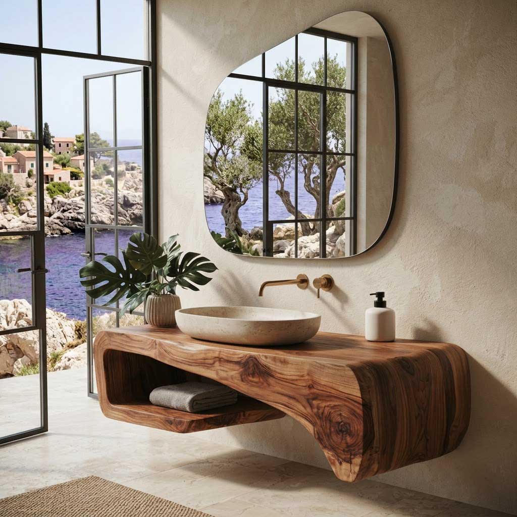 Curved Floating Solid Wood Bathroom Vanity Sculptural Wall Mounted Washstand