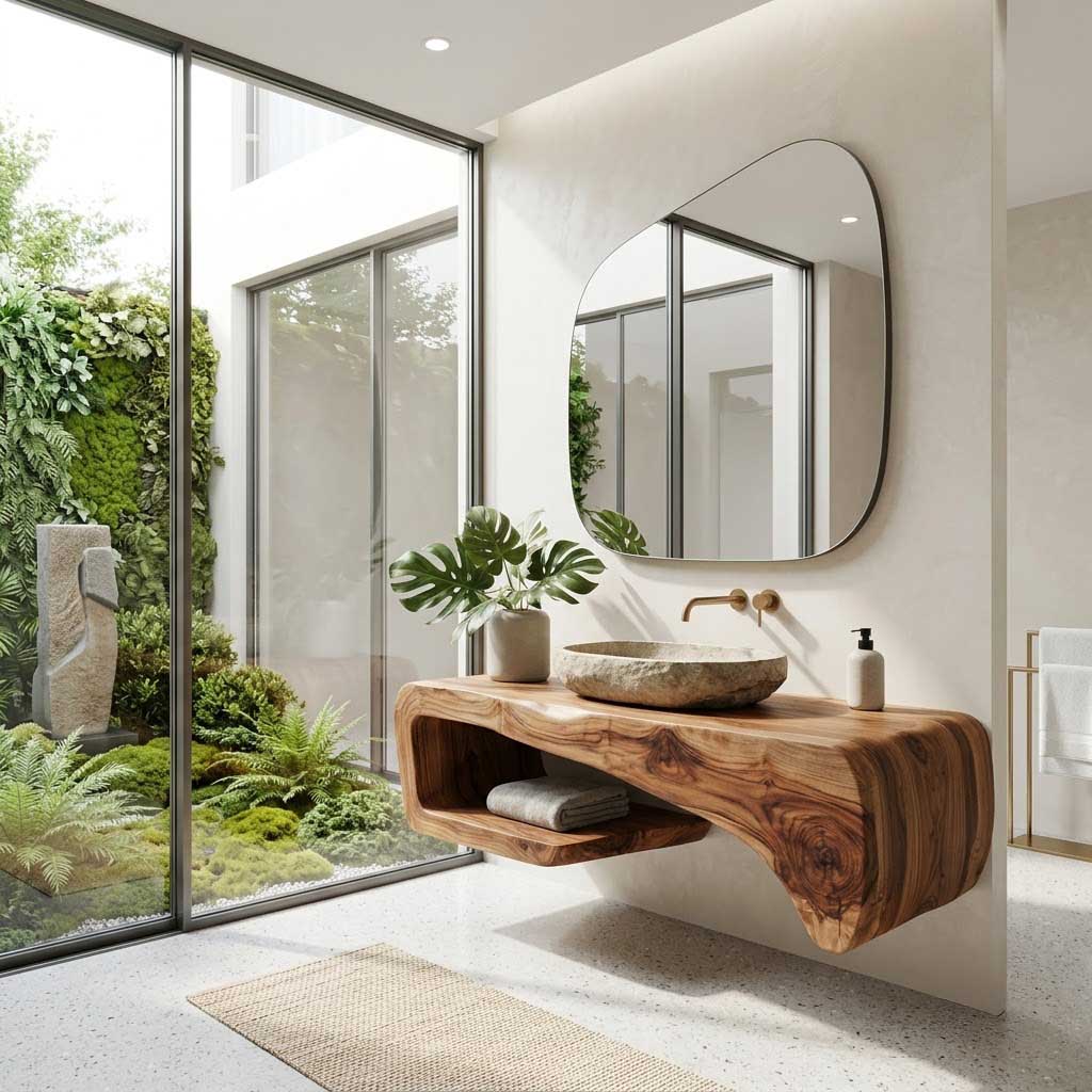 Curved Floating Solid Wood Bathroom Vanity Sculptural Wall Mounted Washstand