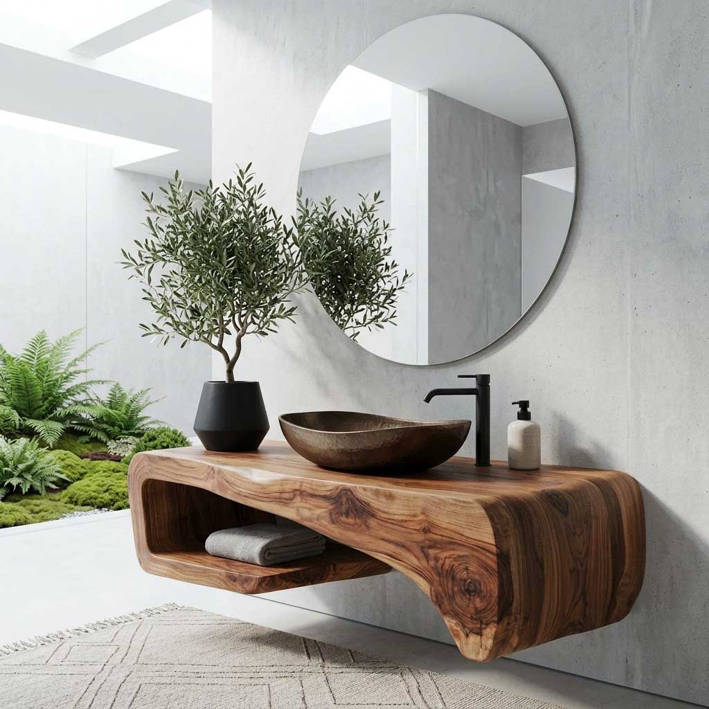 Curved Floating Solid Wood Bathroom Vanity Sculptural Wall Mounted Washstand