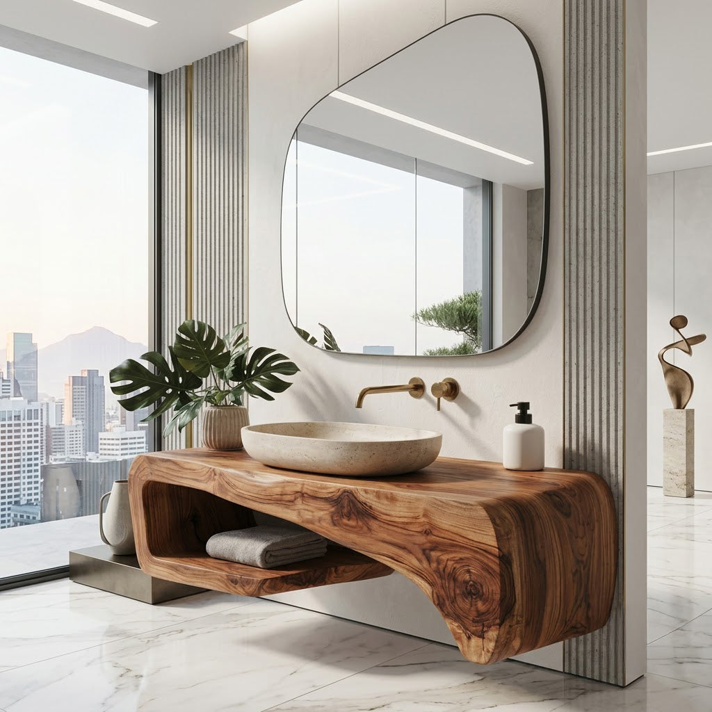 Curved Floating Solid Wood Bathroom Vanity Sculptural Wall Mounted Washstand