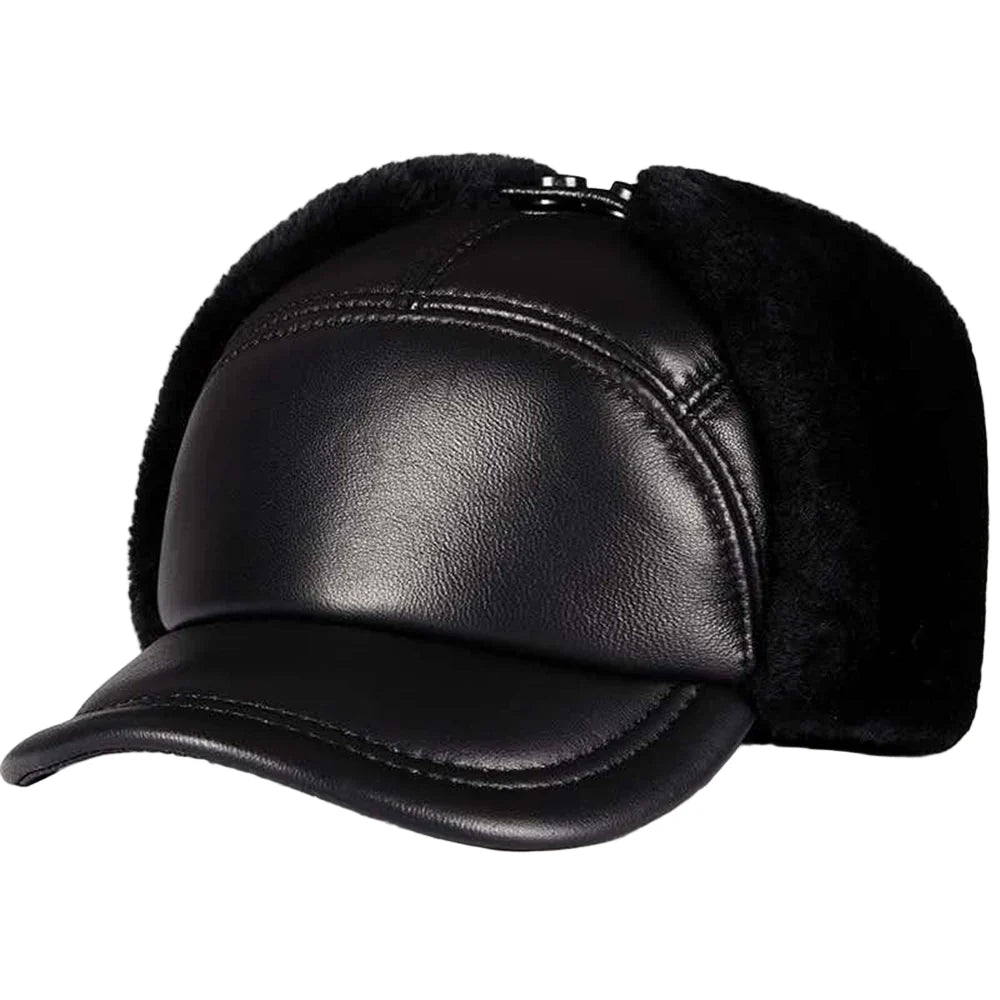 Davison Black Genuine Leather Trapper Bomber Hat