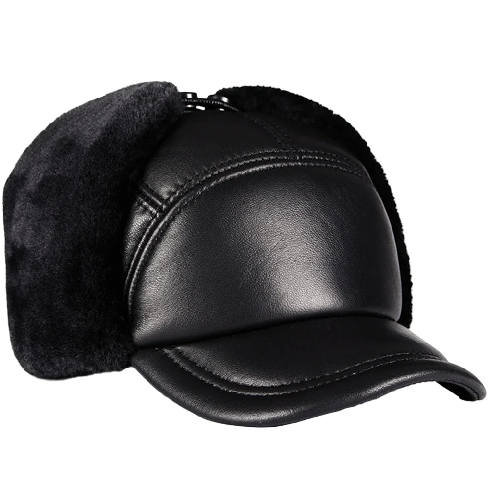 Davison Black Genuine Leather Trapper Bomber Hat