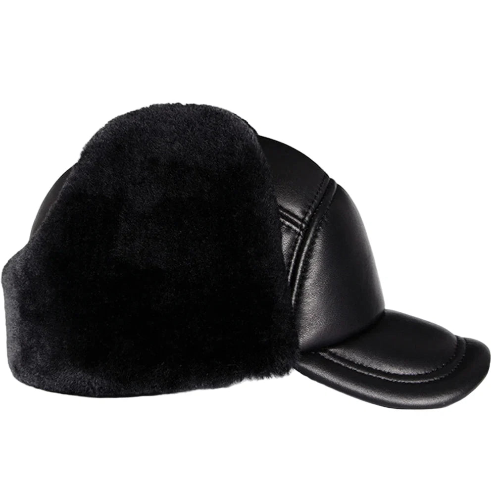 Davison Black Genuine Leather Trapper Bomber Hat