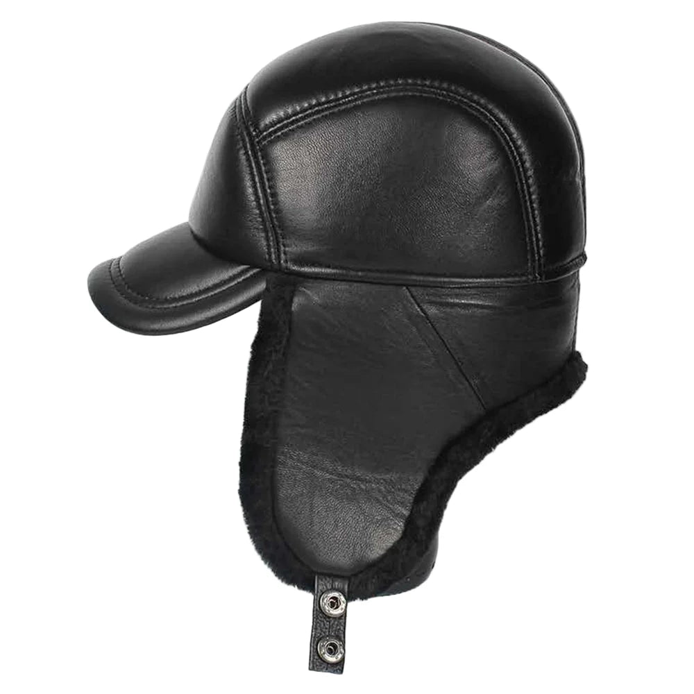 Davison Black Genuine Leather Trapper Bomber Hat