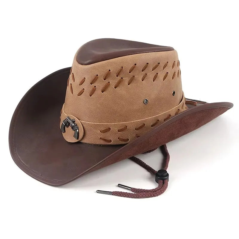 Dual Revolver Brown Leather Cowboy Hat