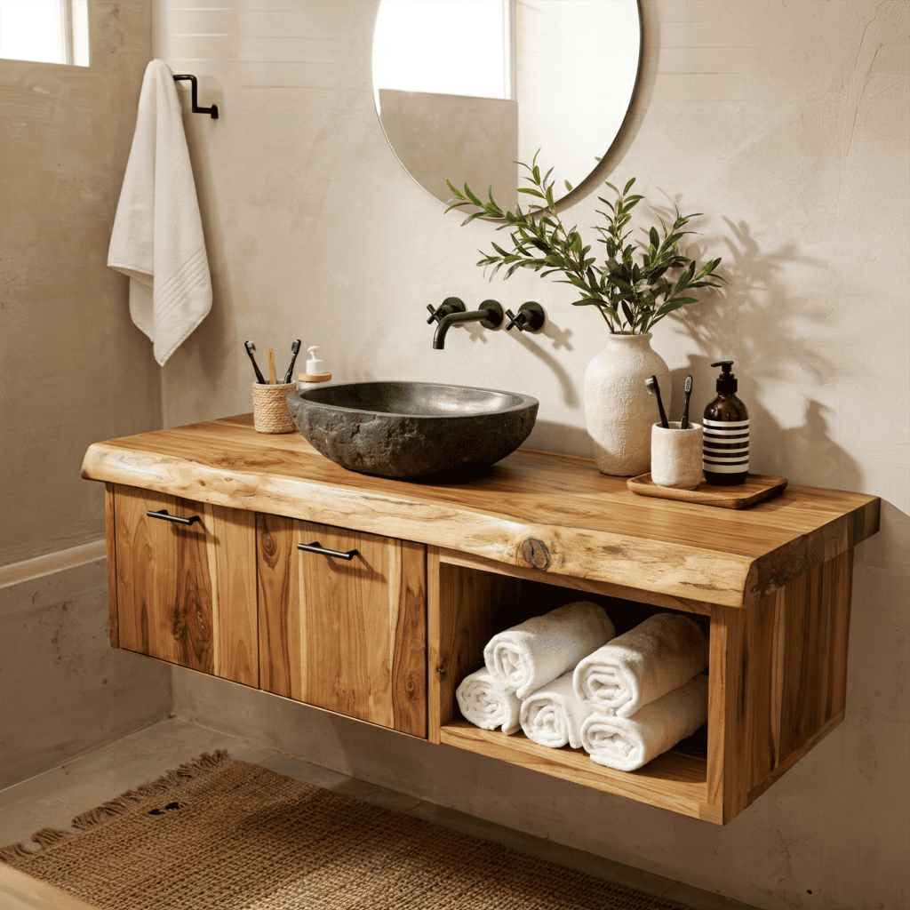 Floating Live Edge Solid Wood Bathroom Vanity Wall Mounted Storage Cabinet