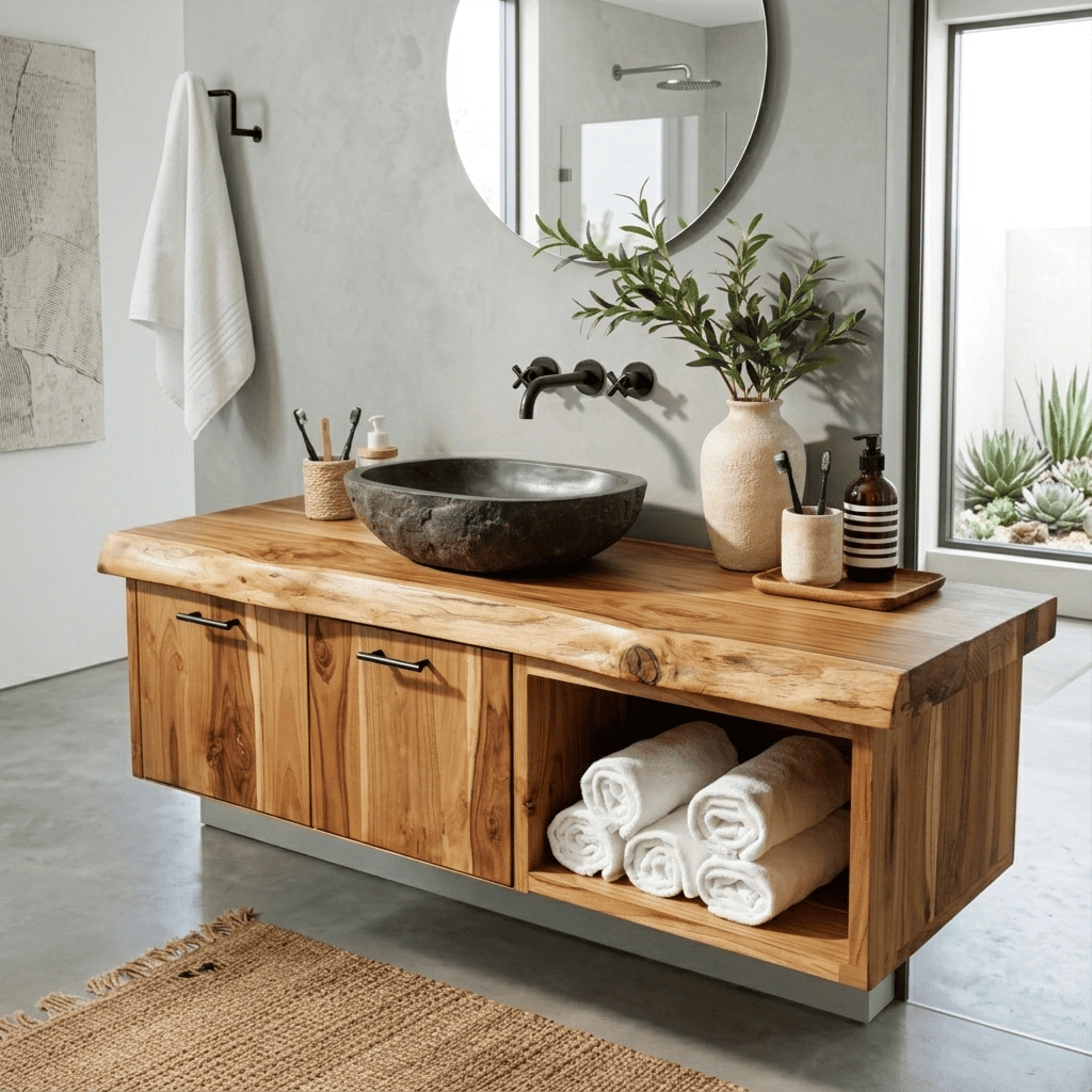 Floating Live Edge Solid Wood Bathroom Vanity Wall Mounted Storage Cabinet