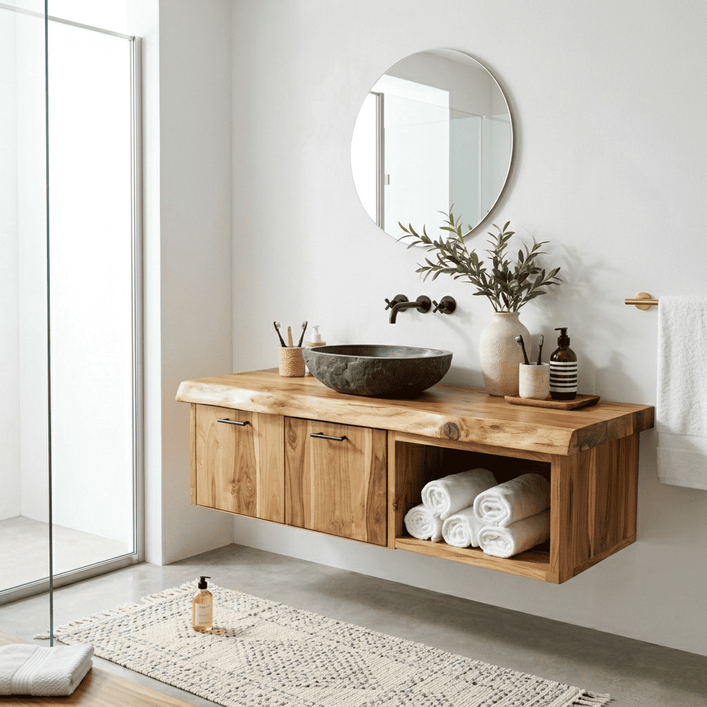 Floating Live Edge Solid Wood Bathroom Vanity Wall Mounted Storage Cabinet