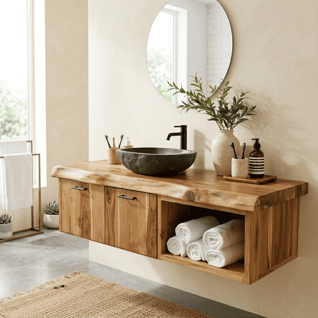 Floating Live Edge Solid Wood Bathroom Vanity Wall Mounted Storage Cabinet